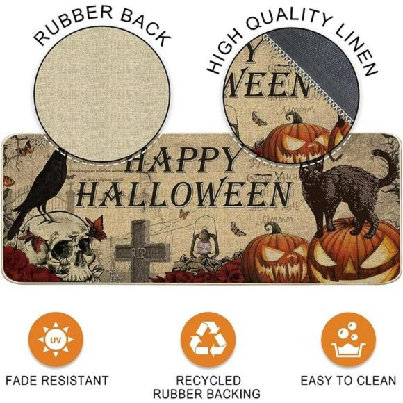 Halloween Kitchen Mat,  Non Skid Washable Set of 2, Skull (17"x29"&17"x47") - Picture 2 of 6